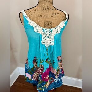 Women's Blue Floral Lace Trim Top